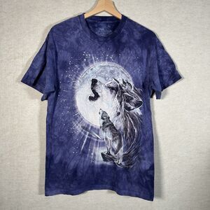 The Mountain Shirt Mens Medium Blue Tie Dye Wolf Wolves Moon Novelty Casual